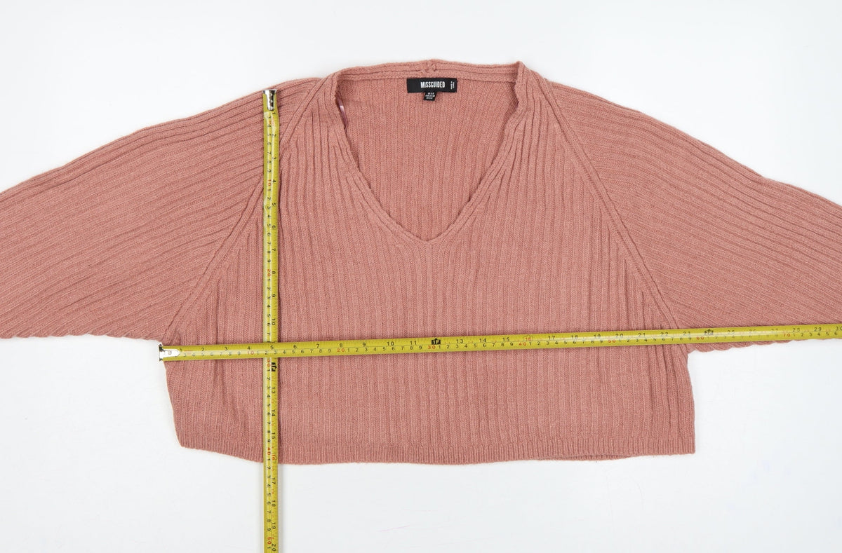 Back view of Missguided Women Pink UK 6/8 Rib Knit V-Neck Cropped Jumper