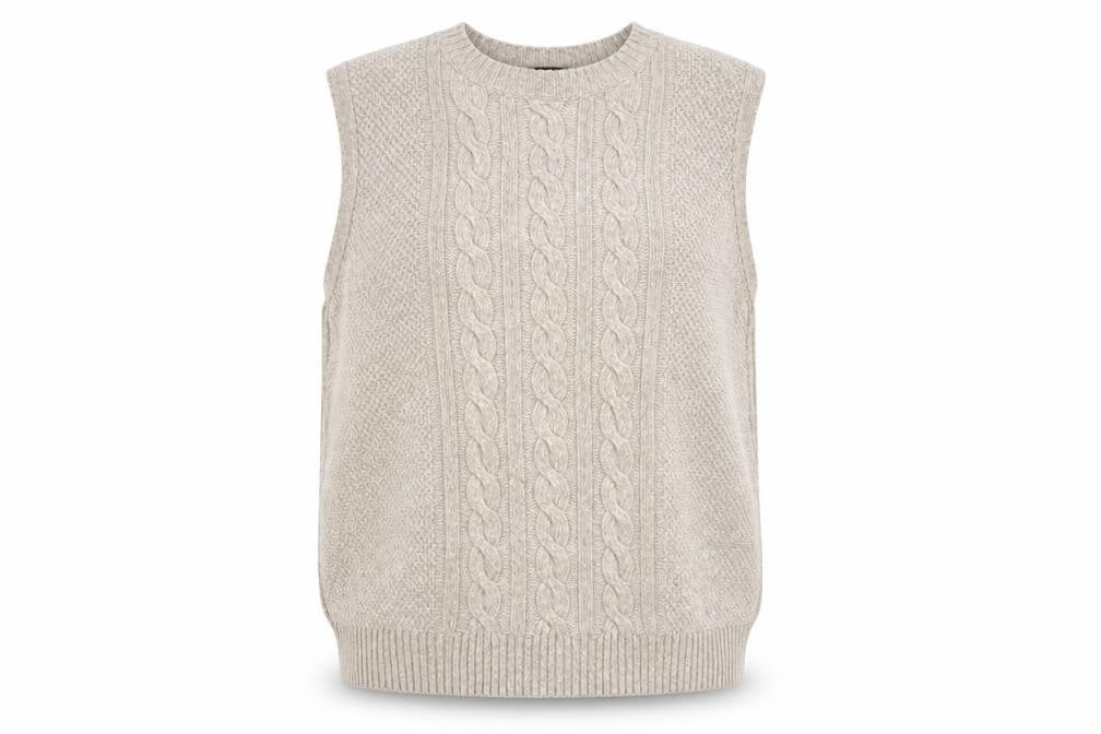 Marks and Spencer Women Beige L Cable Knit Sleeveless Jumper Vest