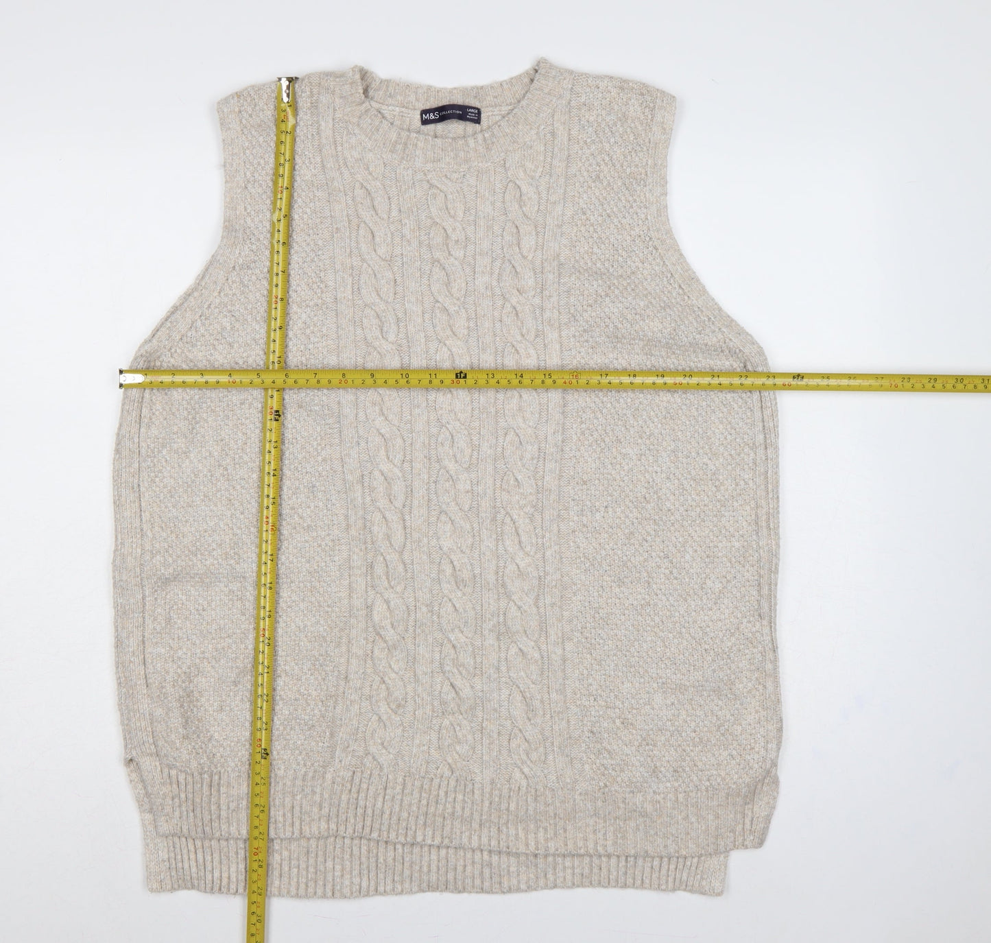 Marks and Spencer Women Beige L Cable Knit Sleeveless Jumper Vest