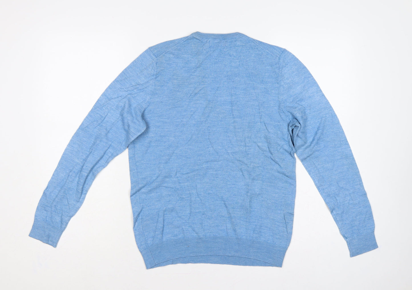 Lachlan Men’s Blue L Merino Wool Blend V-Neck Fine Knit Pullover Jumper