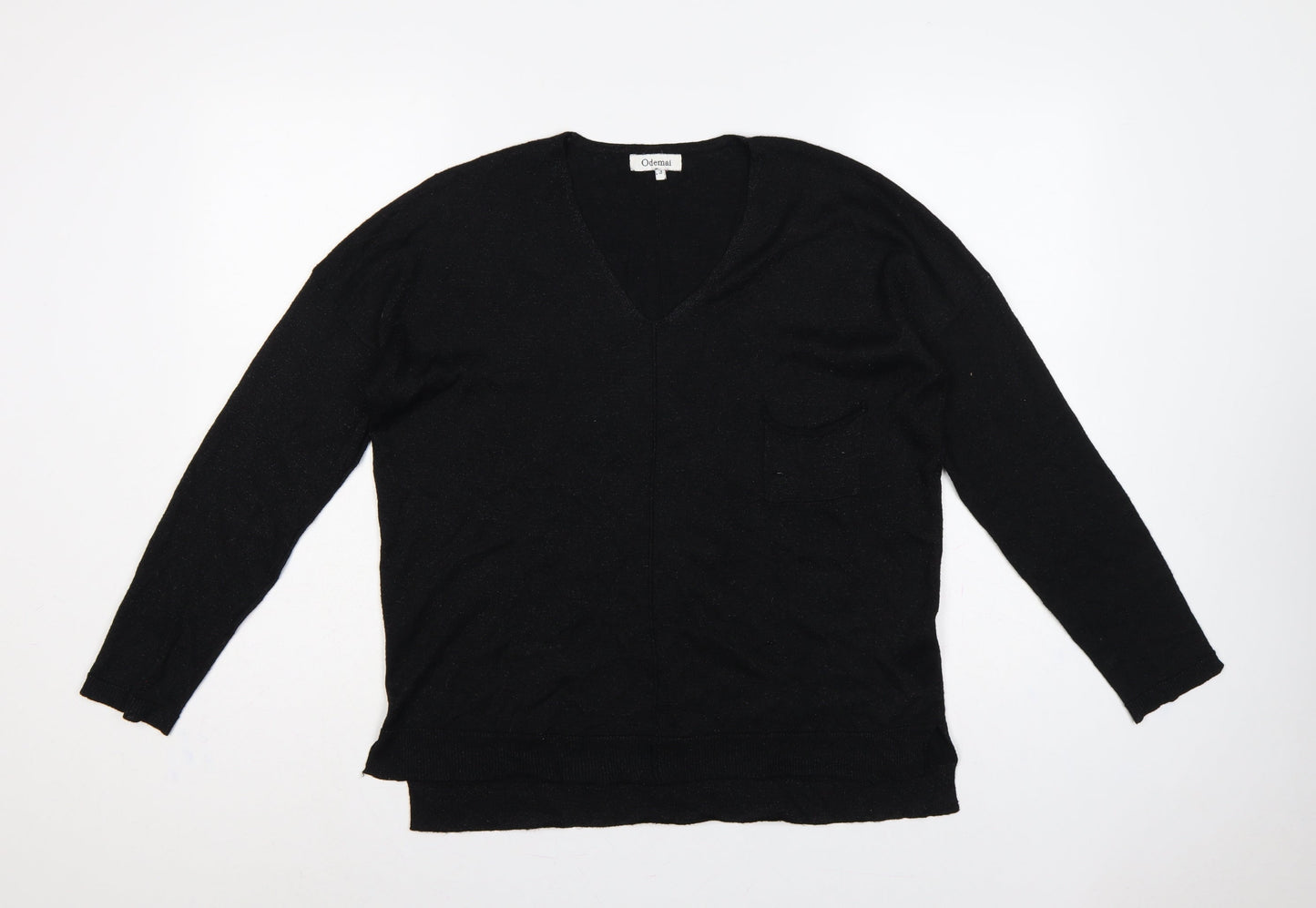 Odemai Women Black L V-Neck Lurex Knit Pullover Jumper