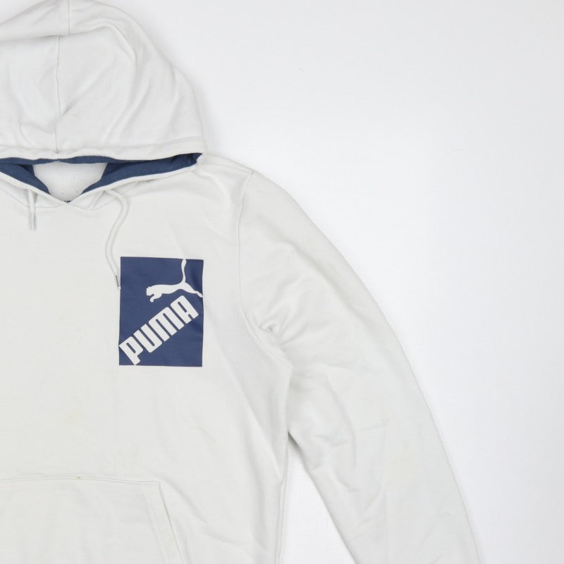 Puma Men’s White M Pullover Hoodie Blue Logo Graphic Pocket