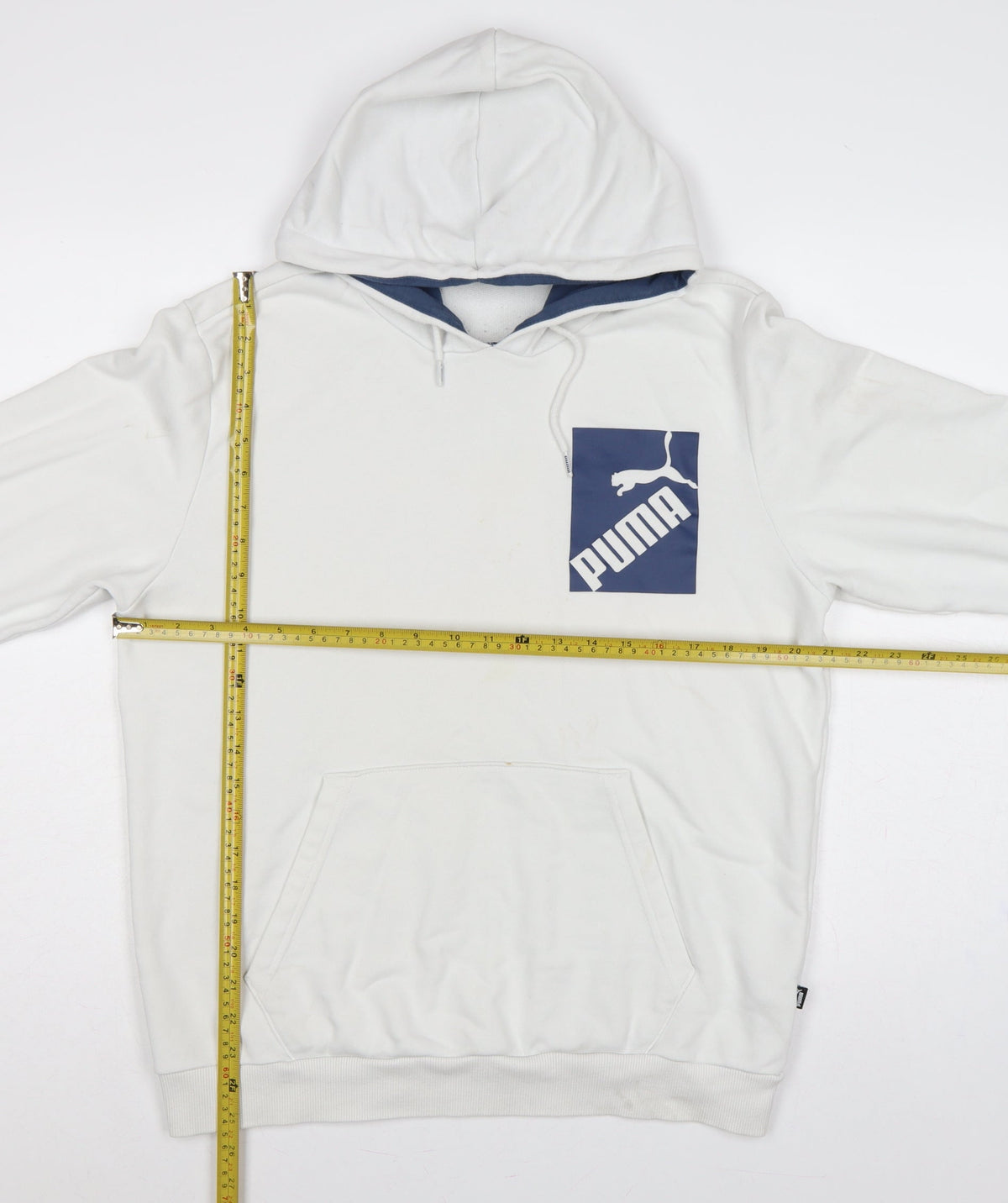 Puma Men’s White M Pullover Hoodie Blue Logo Graphic Pocket