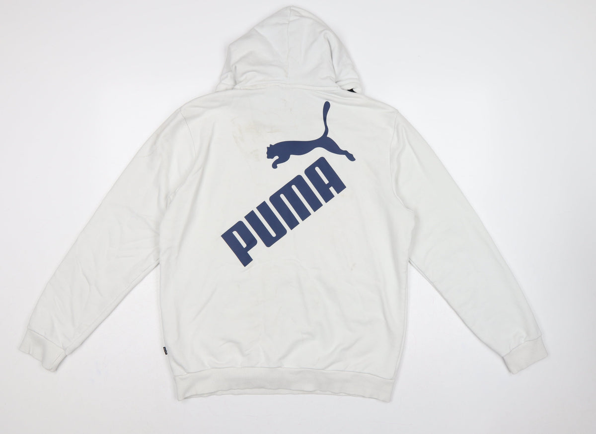 Puma Men’s White M Pullover Hoodie Blue Logo Graphic Pocket