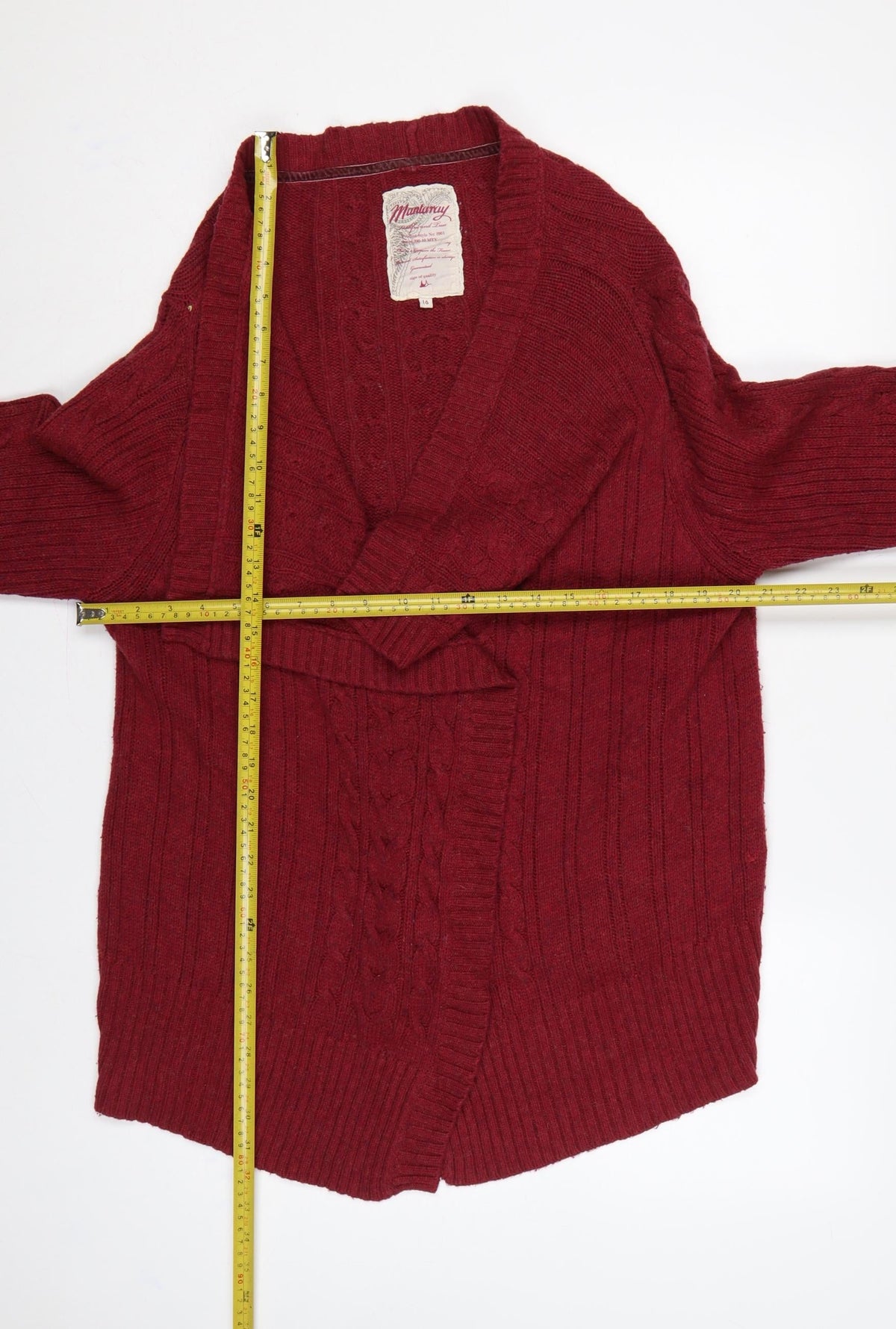 Mantary Women’s Red Size 16 Cable Knit Open V-Neck Cardigan