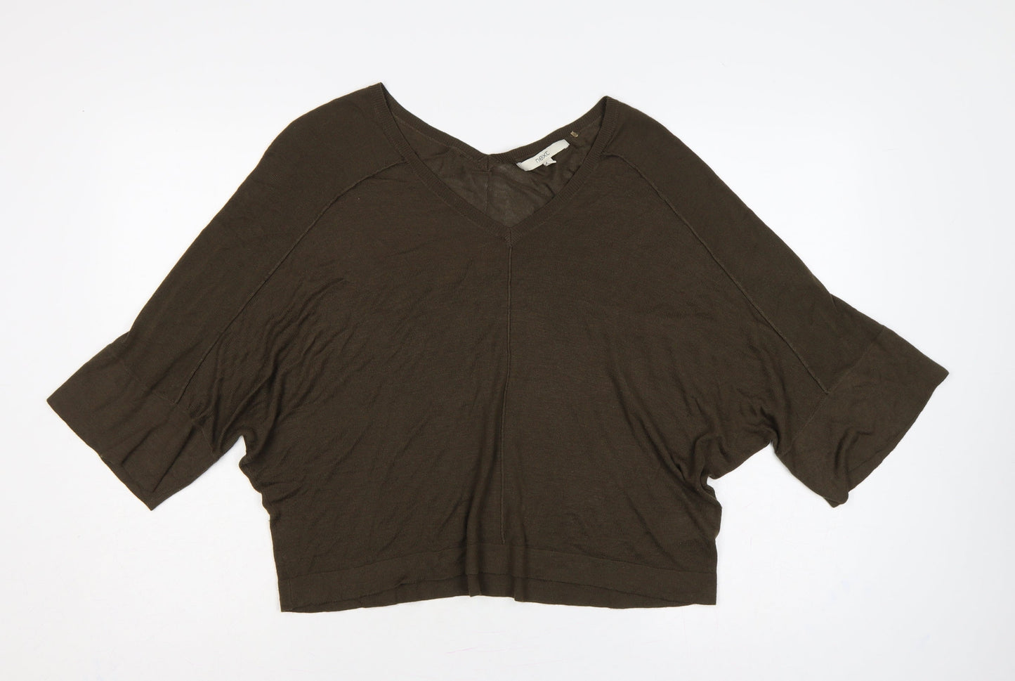 Next Women Brown S V-Neck Batwing 3/4 Sleeve Viscose Knit Pullover