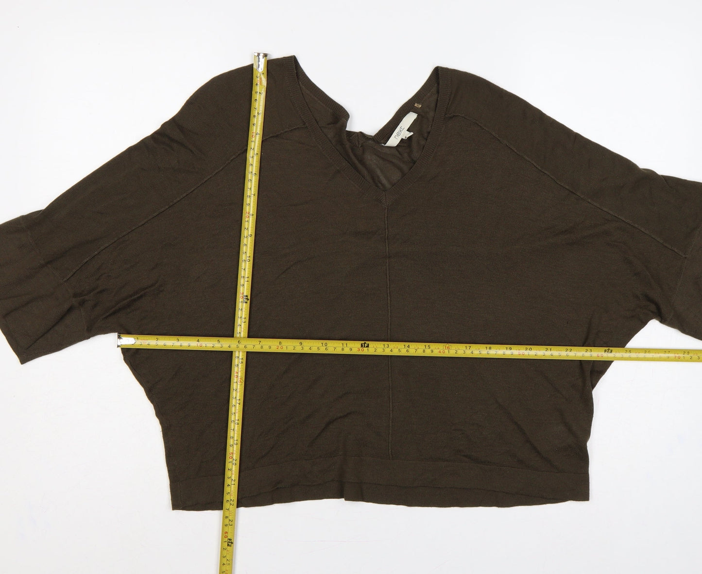 Next Women Brown S V-Neck Batwing 3/4 Sleeve Viscose Knit Pullover