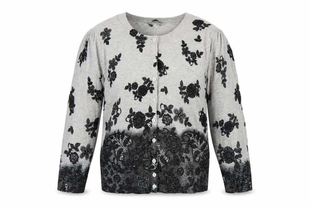 Front view of Dorothy Perkins Women Grey Floral Cotton Knit Cardigan UK 12 Long Sleeve