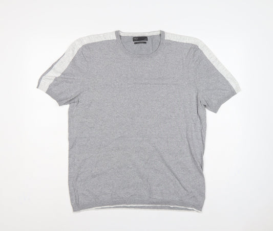 Marks & Spencer Men Grey L Cotton Knit Short Sleeve Pullover Jumper