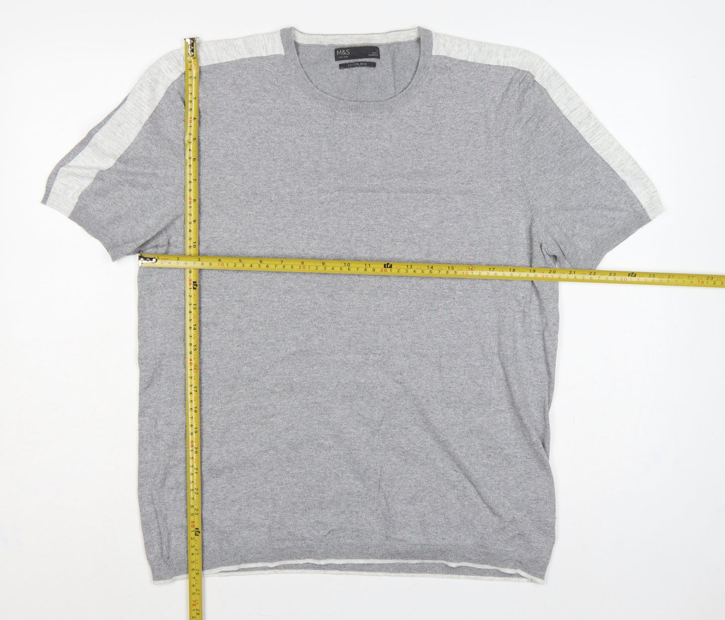 Marks & Spencer Men Grey L Cotton Knit Short Sleeve Pullover Jumper