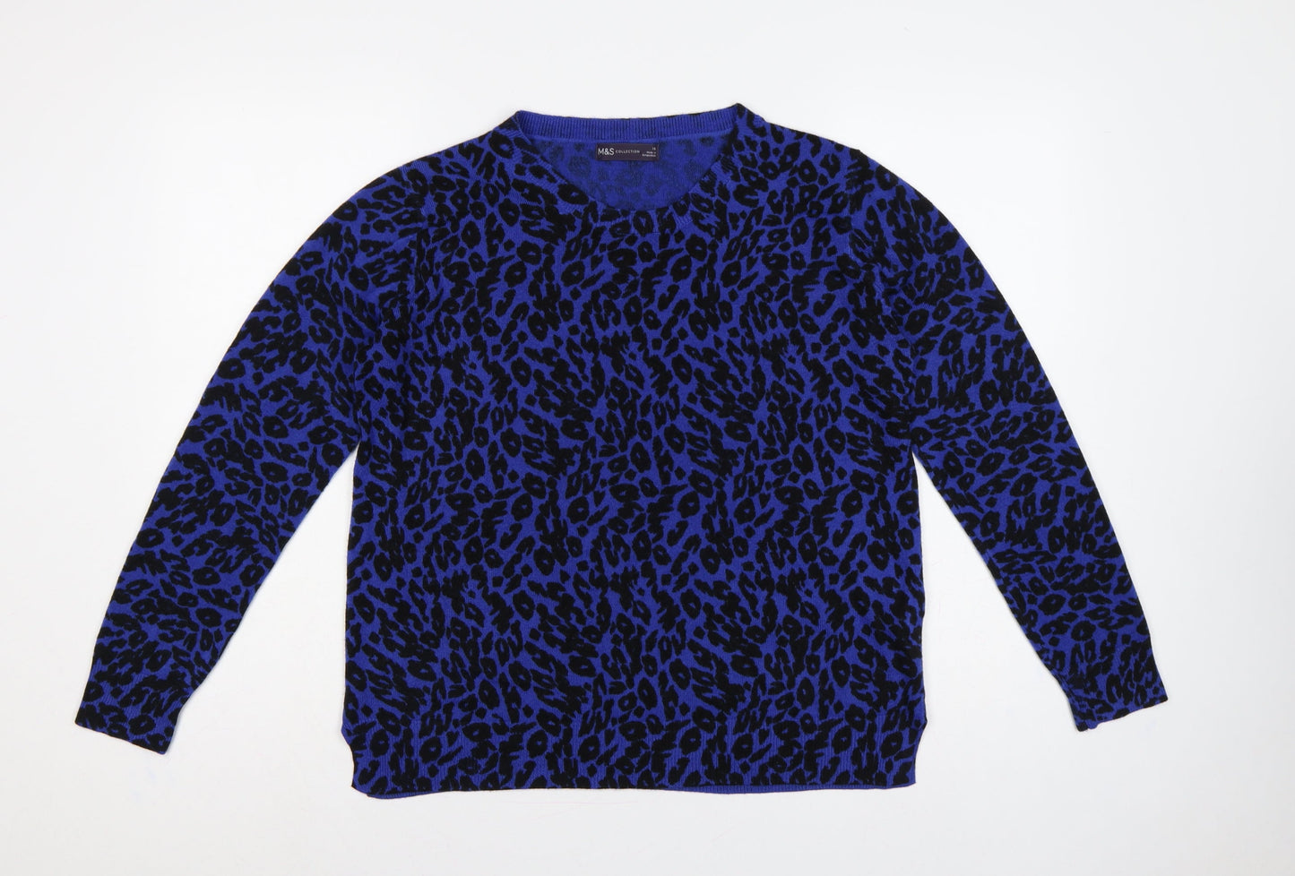 Marks & Spencer Women Blue Leopard Print V-Neck Jumper UK 16 Acrylic