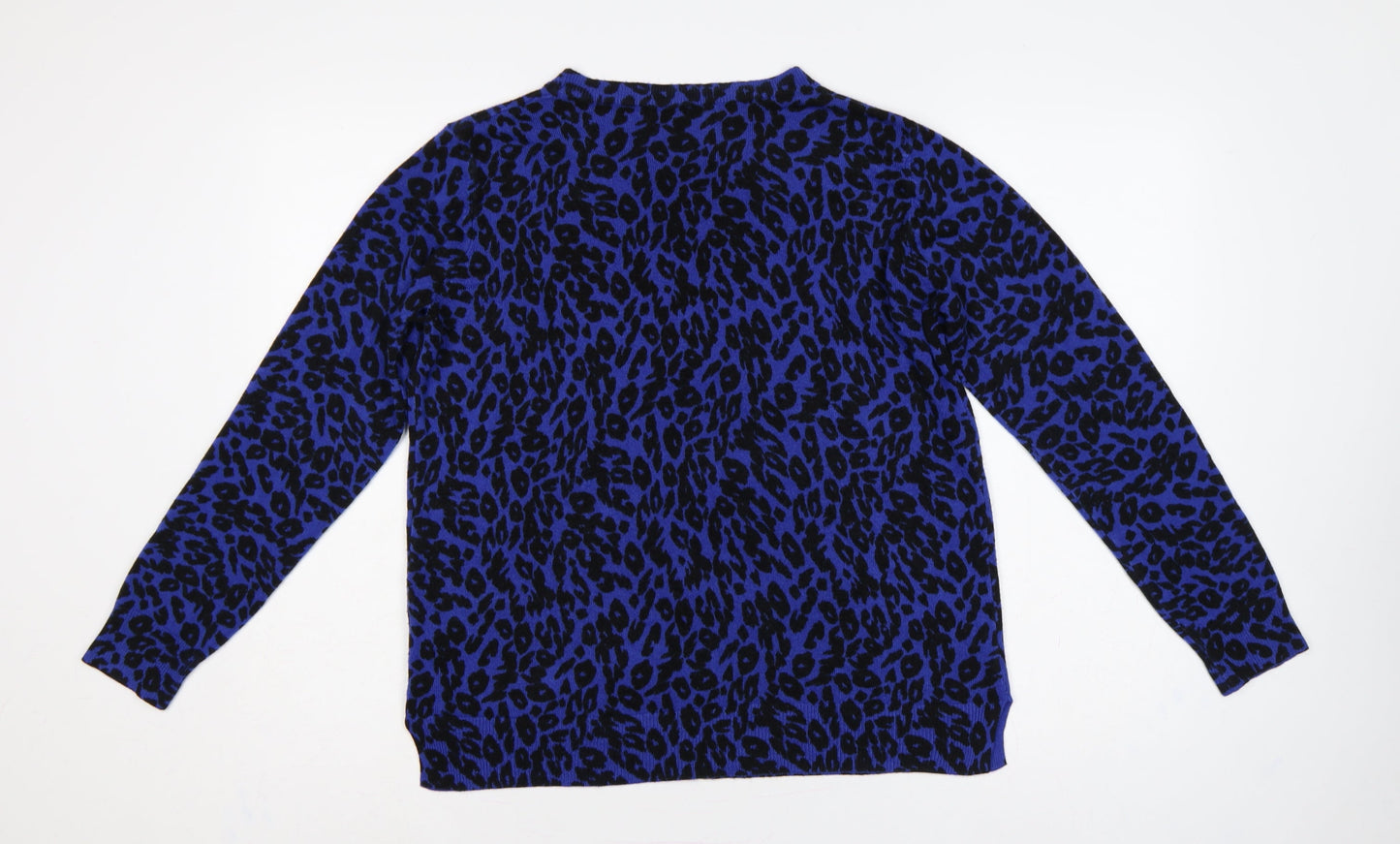Marks & Spencer Women Blue Leopard Print V-Neck Jumper UK 16 Acrylic