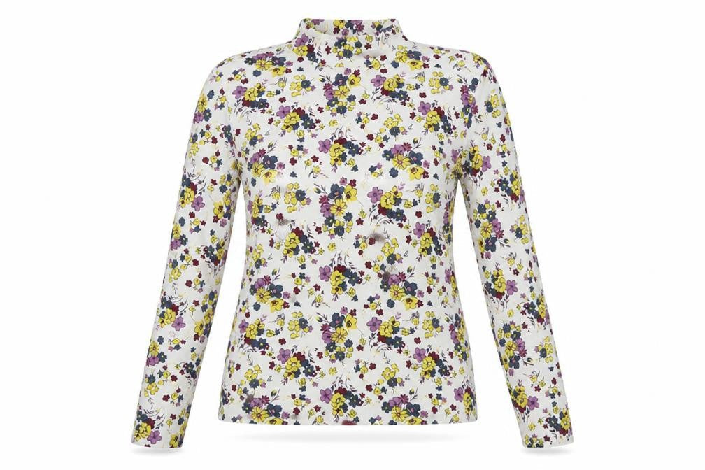 M&S Women Ivory Floral High Neck Stretch Jersey Blouse UK 8