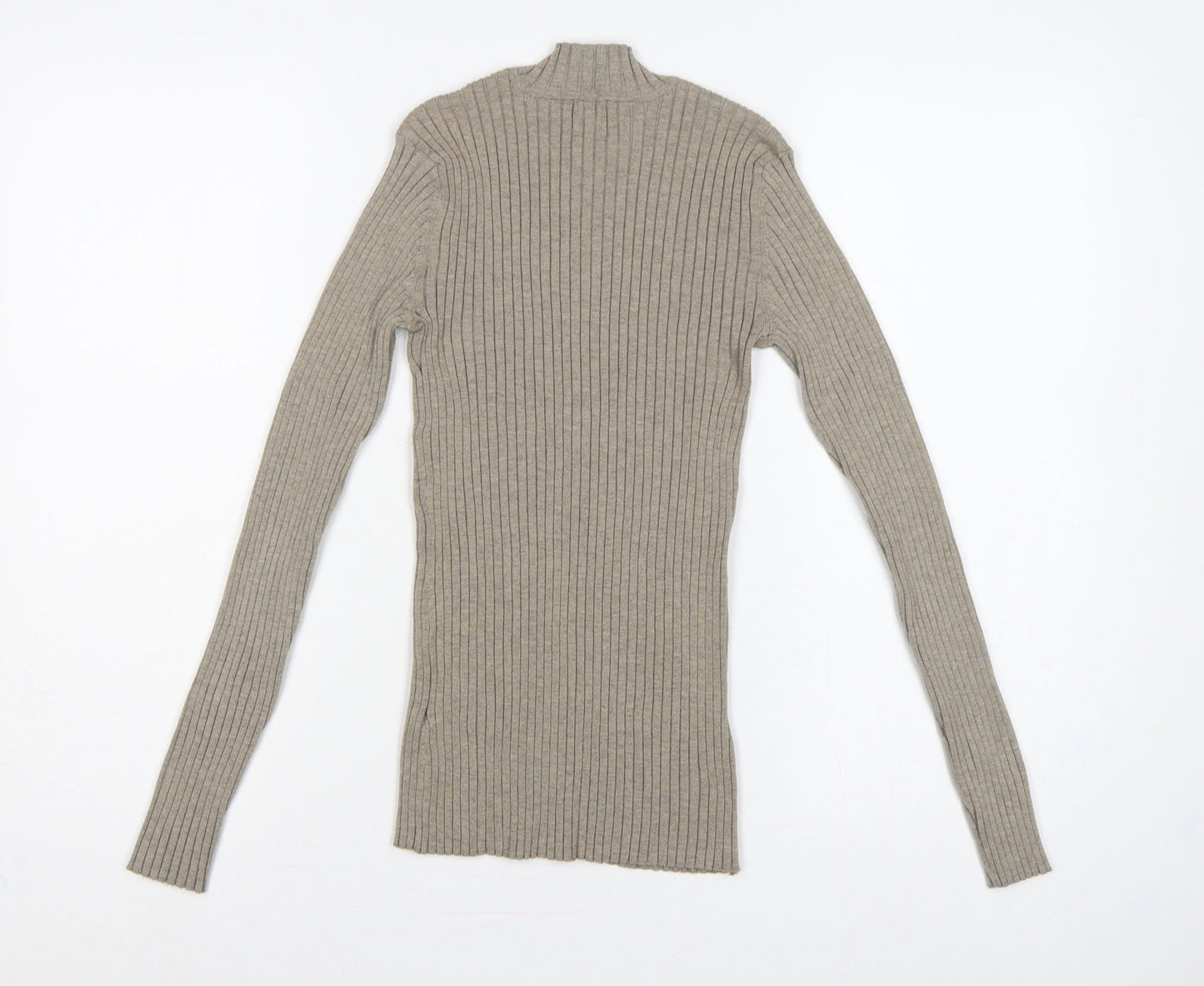 H&M Women’s Beige XS Ribbed Mock Neck Slim Knit Jumper