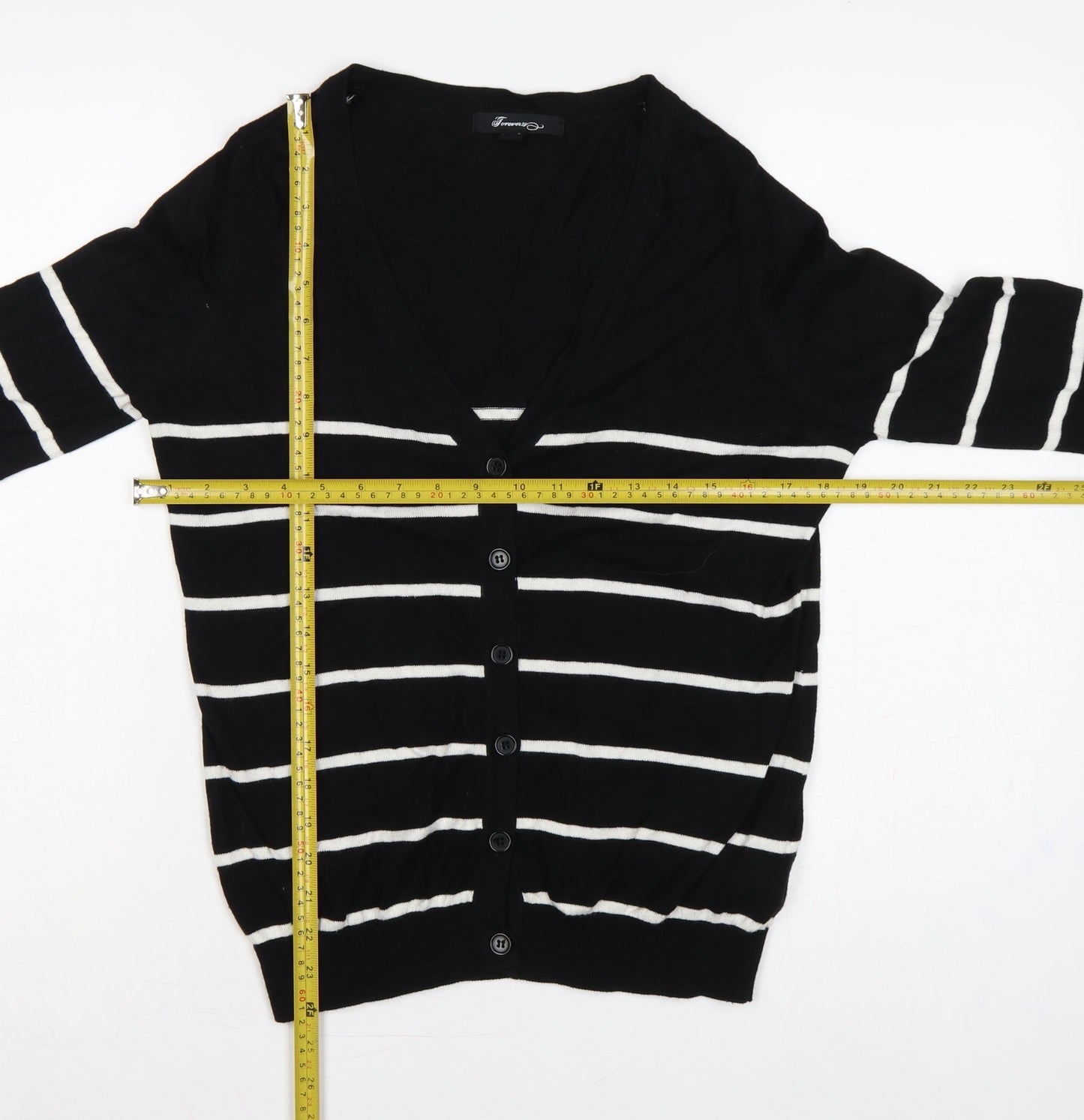 Forever 21 Women Black White Striped V-Neck Cardigan M Cotton Knit