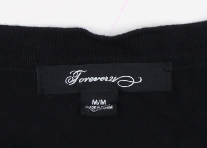Forever 21 Women Black White Striped V-Neck Cardigan M Cotton Knit