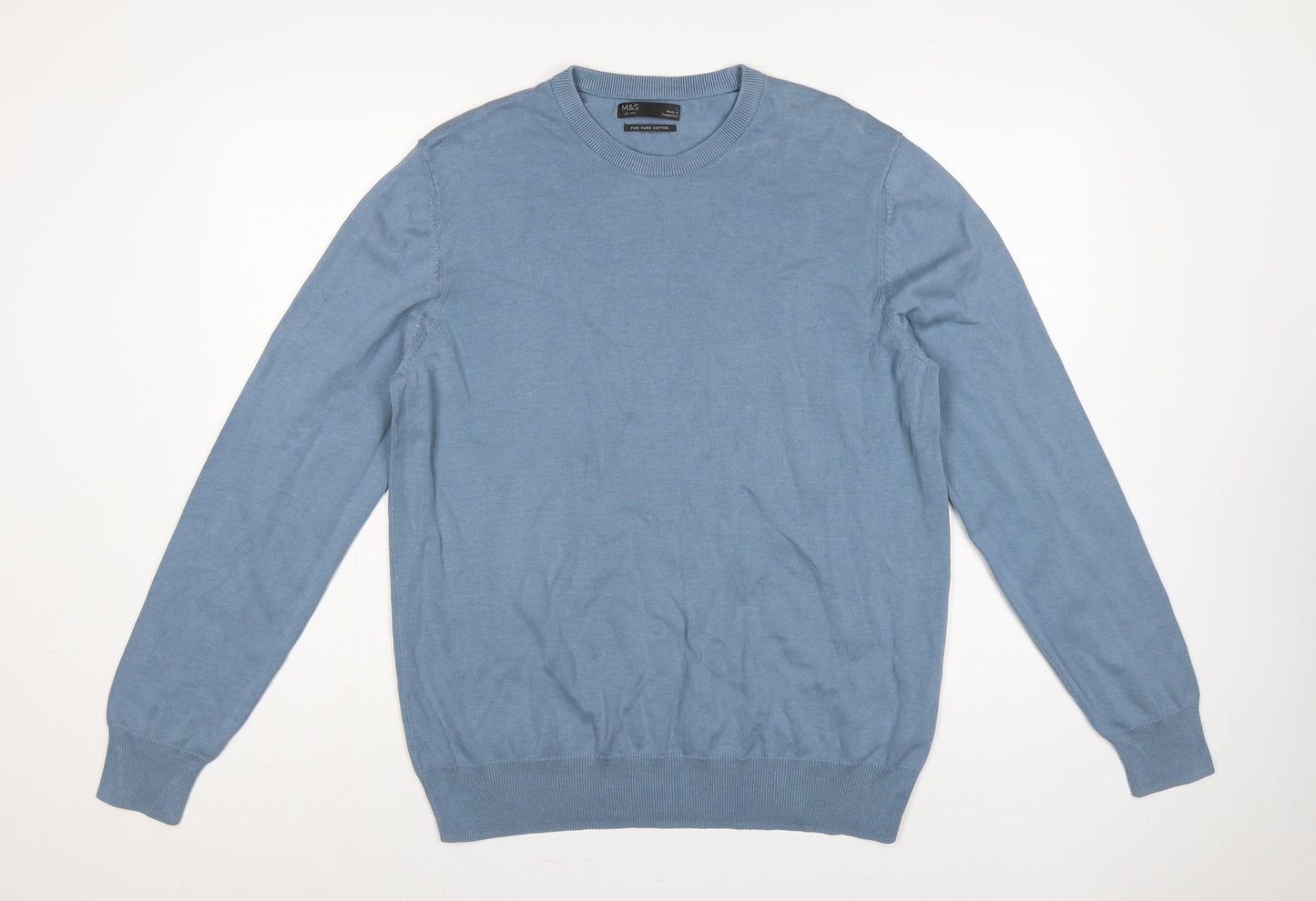 Marks and Spencer Mens Blue L Fine Cotton Crew Neck Pullover Jumper