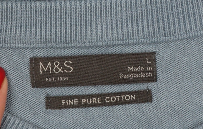 Marks and Spencer Mens Blue L Fine Cotton Crew Neck Pullover Jumper
