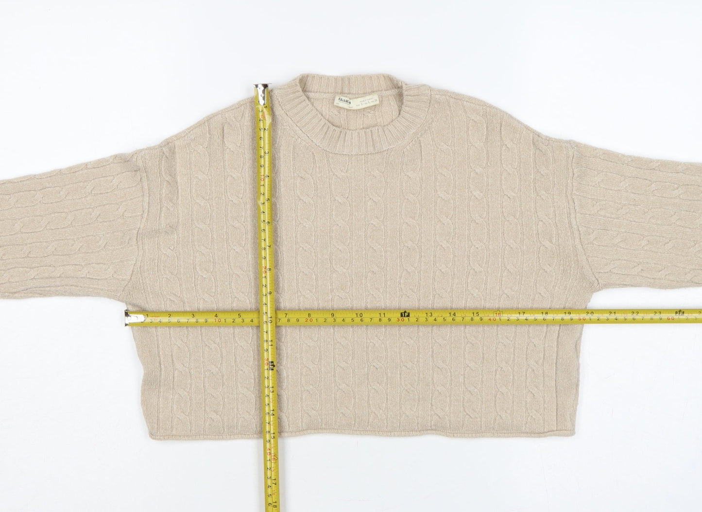 Pull&Bear Women Beige S Cable-Knit Crew Neck Pullover Jumper