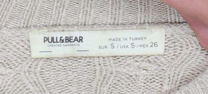 Pull&Bear Women Beige S Cable-Knit Crew Neck Pullover Jumper