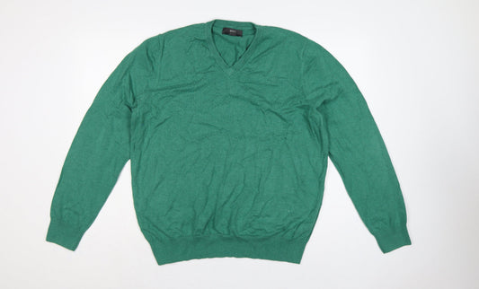 Marks and Spencer Men Green XL Pure Cotton V-Neck Pullover Jumper