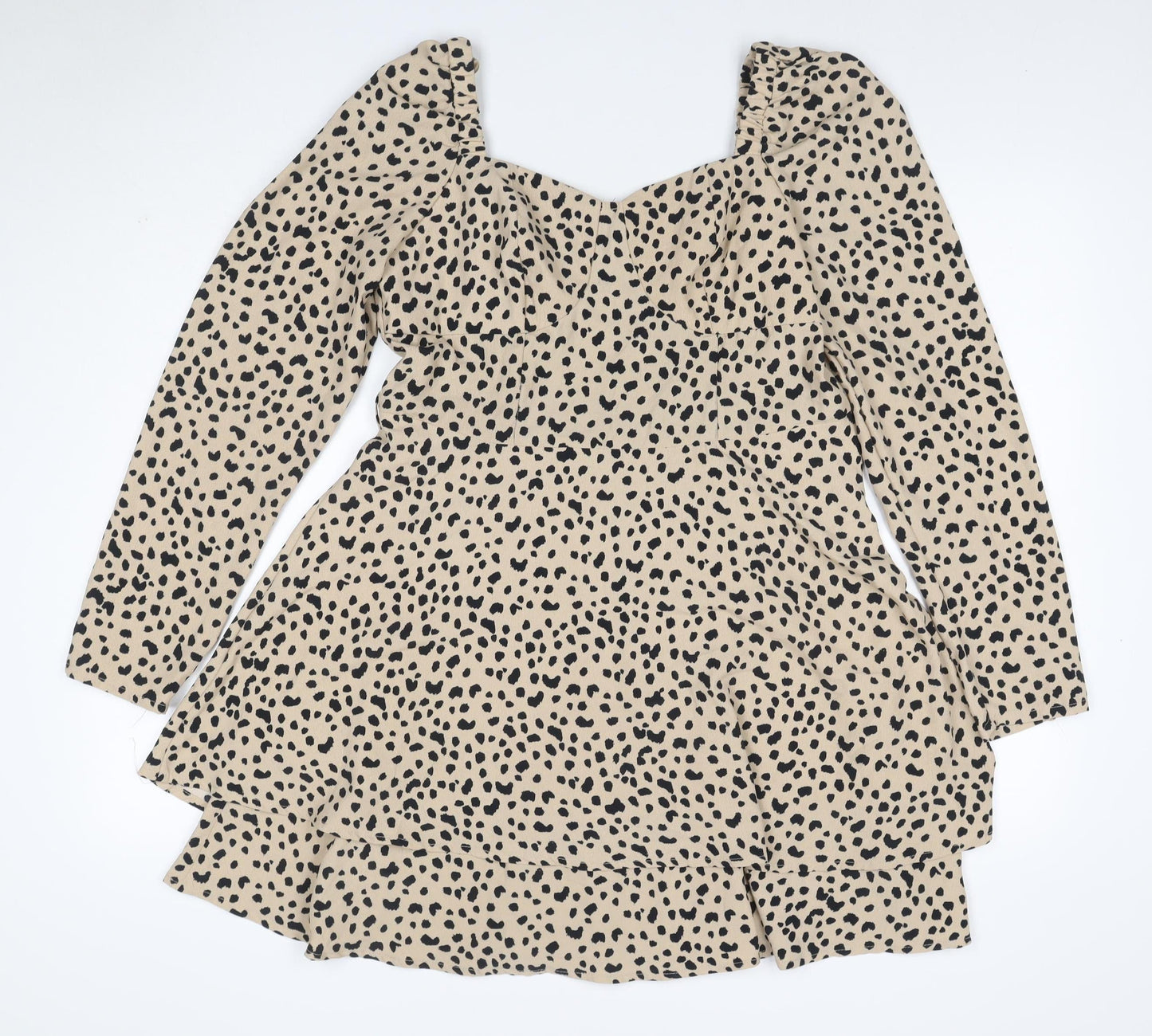 Quiz Women Beige Animal Print UK 14 Skater Smocked Long Sleeve Dress