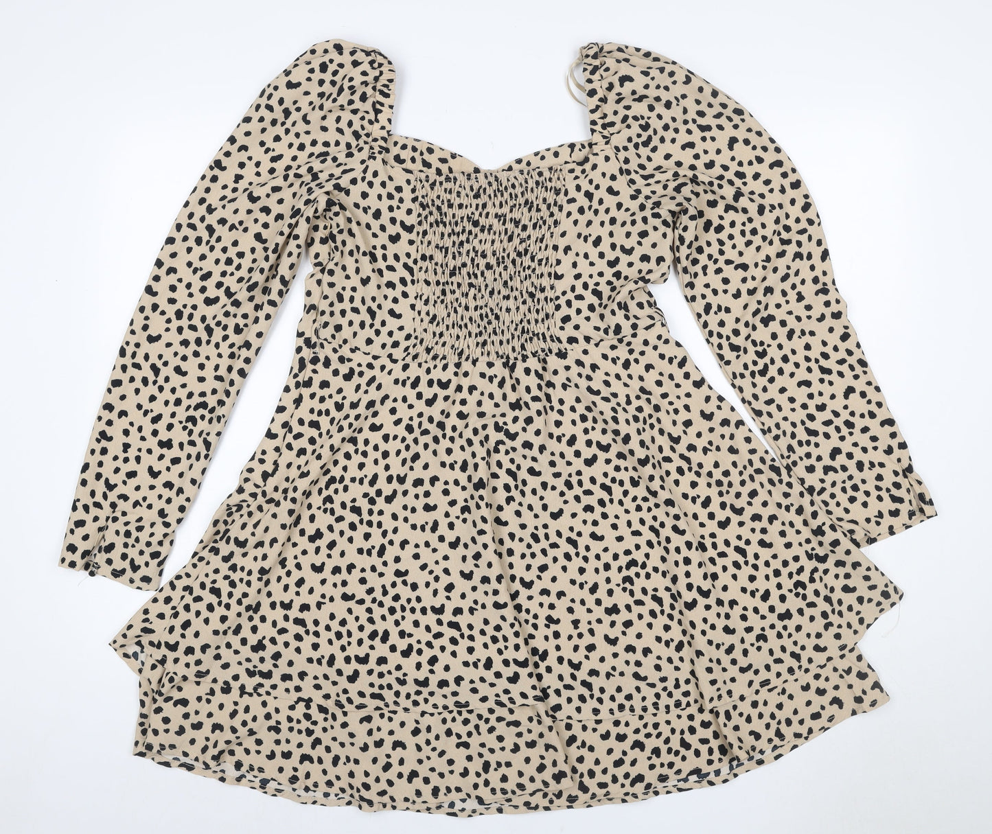 Quiz Women Beige Animal Print UK 14 Skater Smocked Long Sleeve Dress