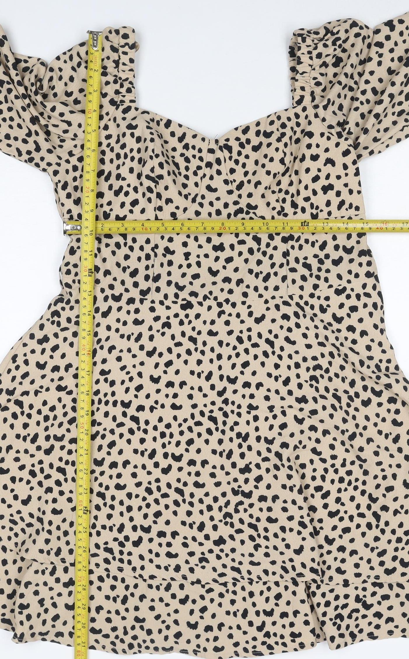 Quiz Women Beige Animal Print UK 14 Skater Smocked Long Sleeve Dress
