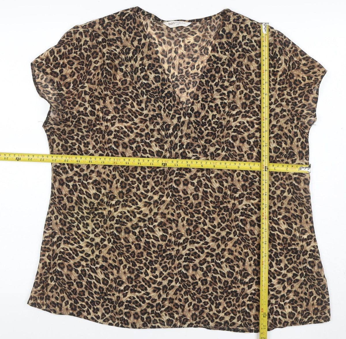 Bonmarché Women Brown Leopard Print V-Neck Short Sleeve Blouse Size 20