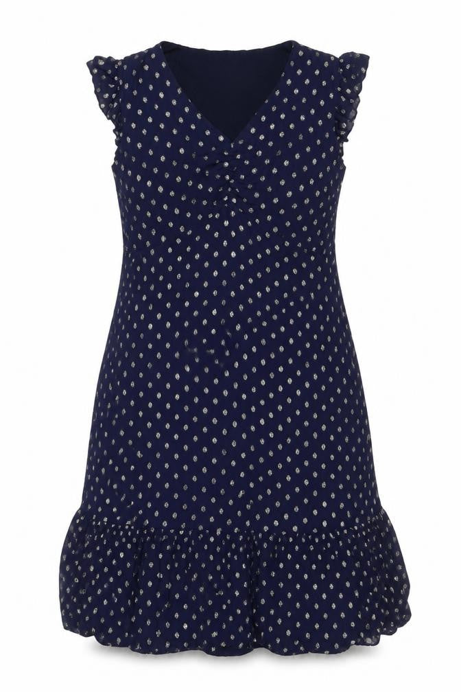 Sonsandar Women Blue Size 14 Midi Ruffle Polka Dot V-Neck Dress
