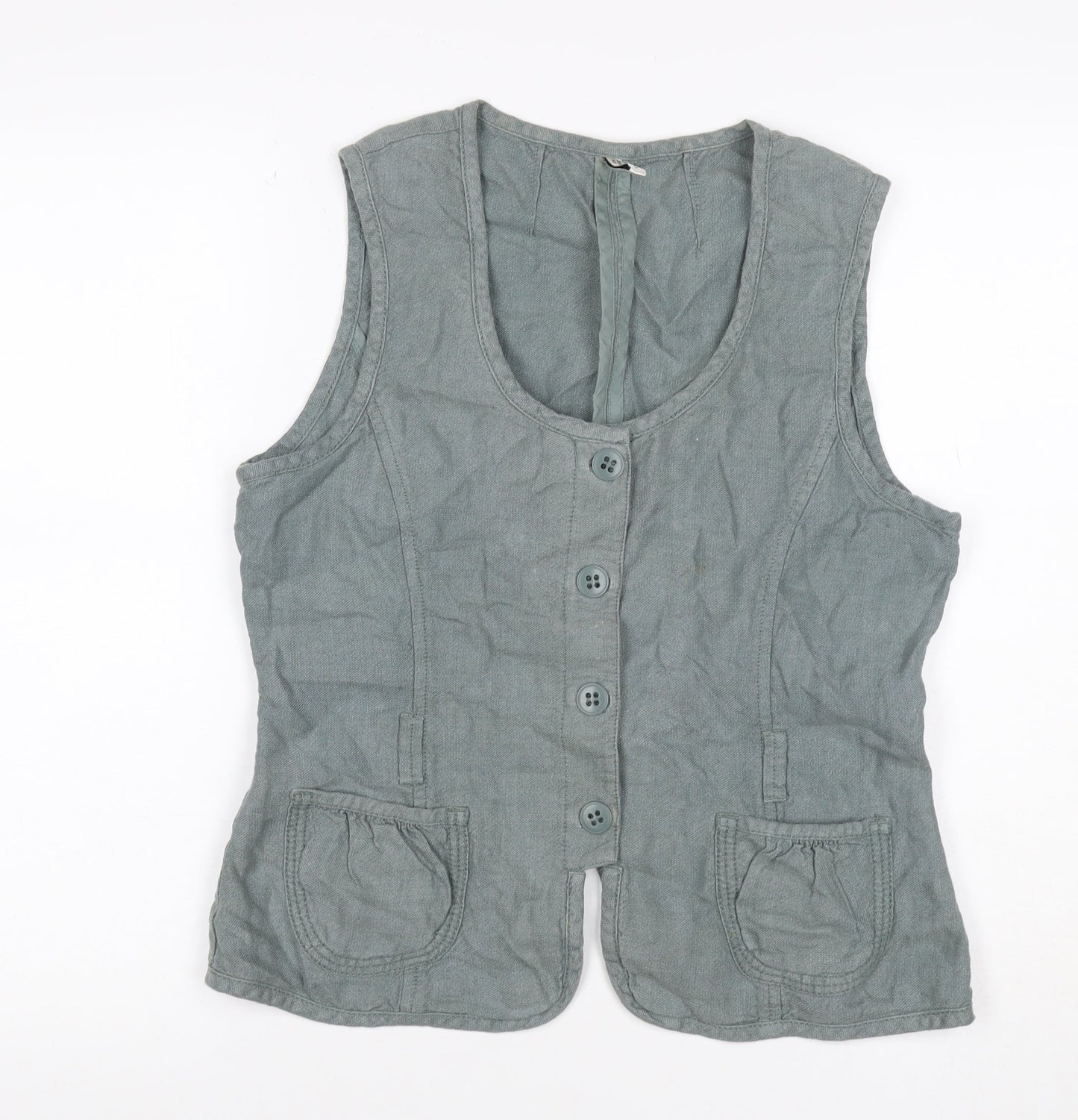 Part Two Women Grey Linen Button-Up Sleeveless Top Size 14 Pockets