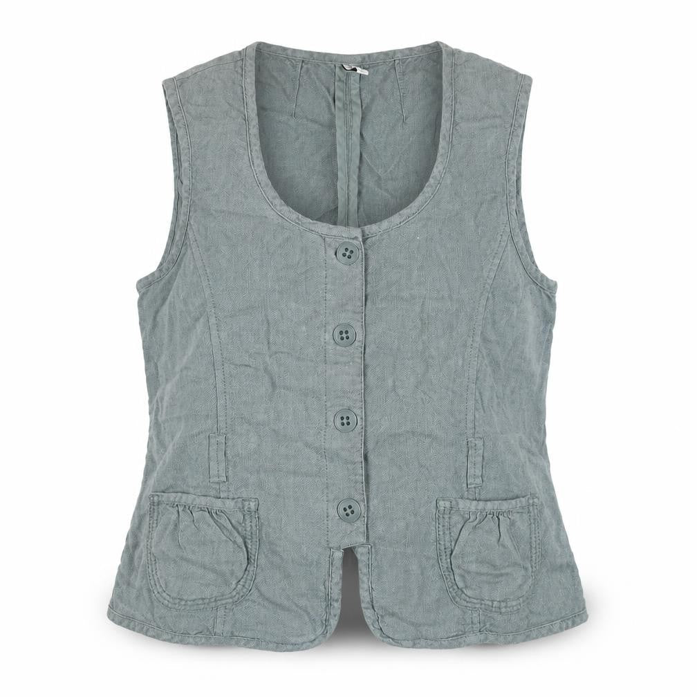 Part Two Women Grey Linen Button-Up Sleeveless Top Size 14 Pockets