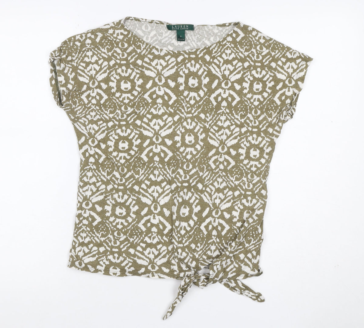 Lauren Ralph Lauren Women Green S Geometric Tie Front T-Shirt