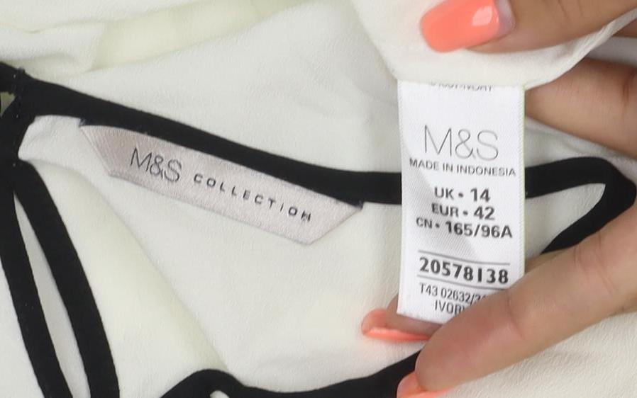Marks and Spencer Women Ivory Size 14 Chiffon Blouse Black Trim