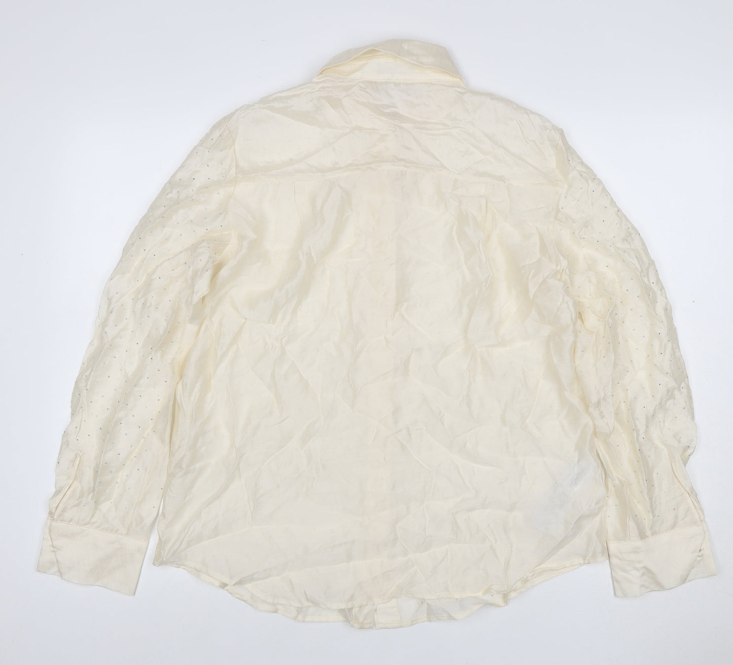 MNG Women Ivory UK 10 Sheer Rhinestone Long Sleeve Button-Up Blouse
