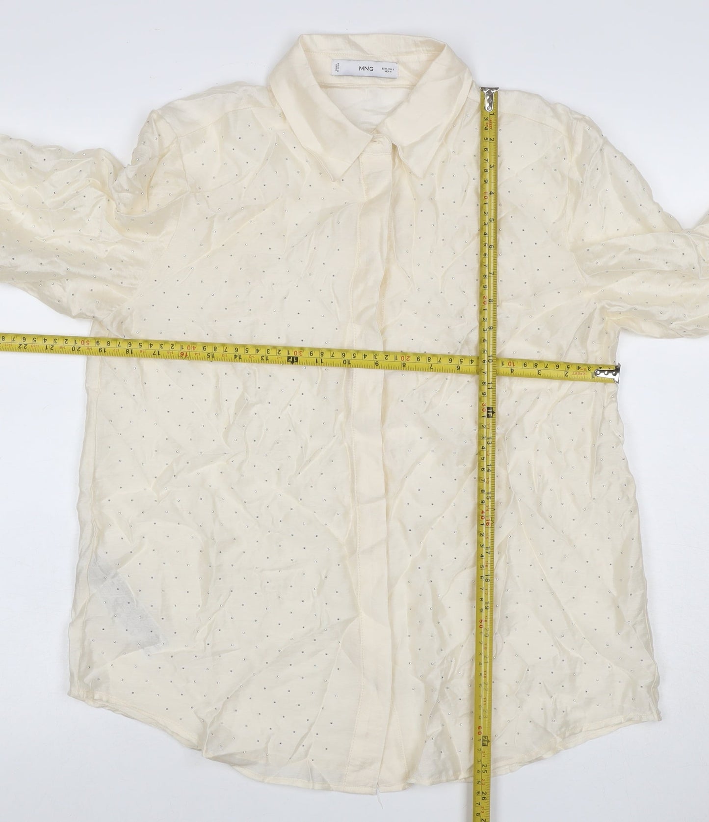 MNG Women Ivory UK 10 Sheer Rhinestone Long Sleeve Button-Up Blouse