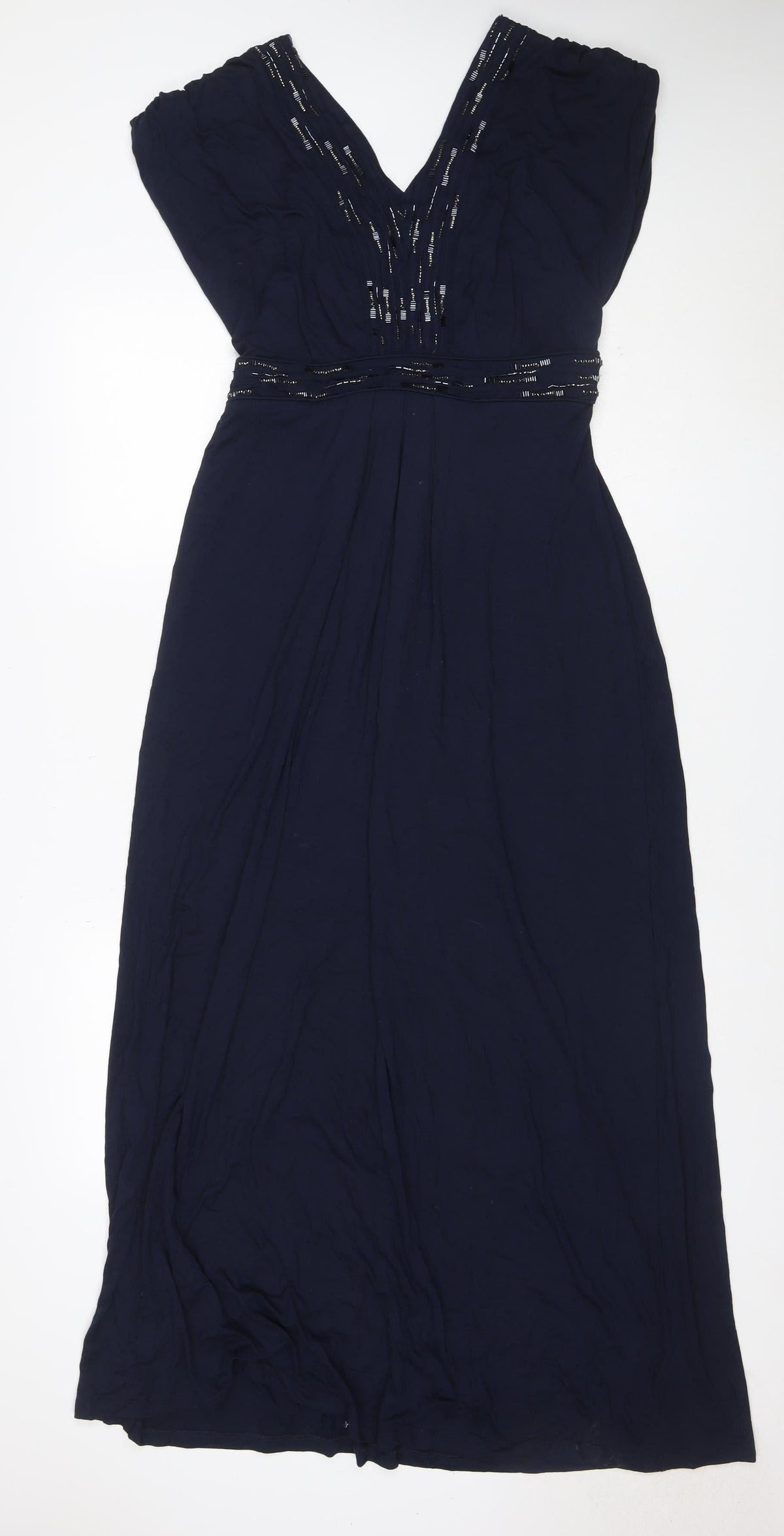Monsoon Women Navy UK 16 Maxi Beaded V-Neck Sleeveless Dress