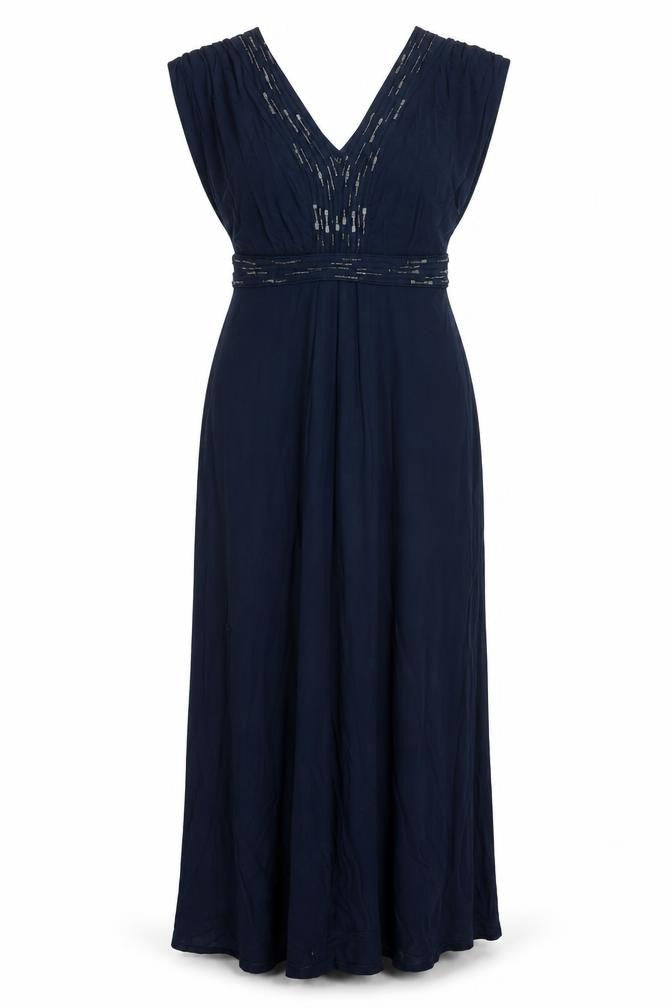 Monsoon Women Navy UK 16 Maxi Beaded V-Neck Sleeveless Dress
