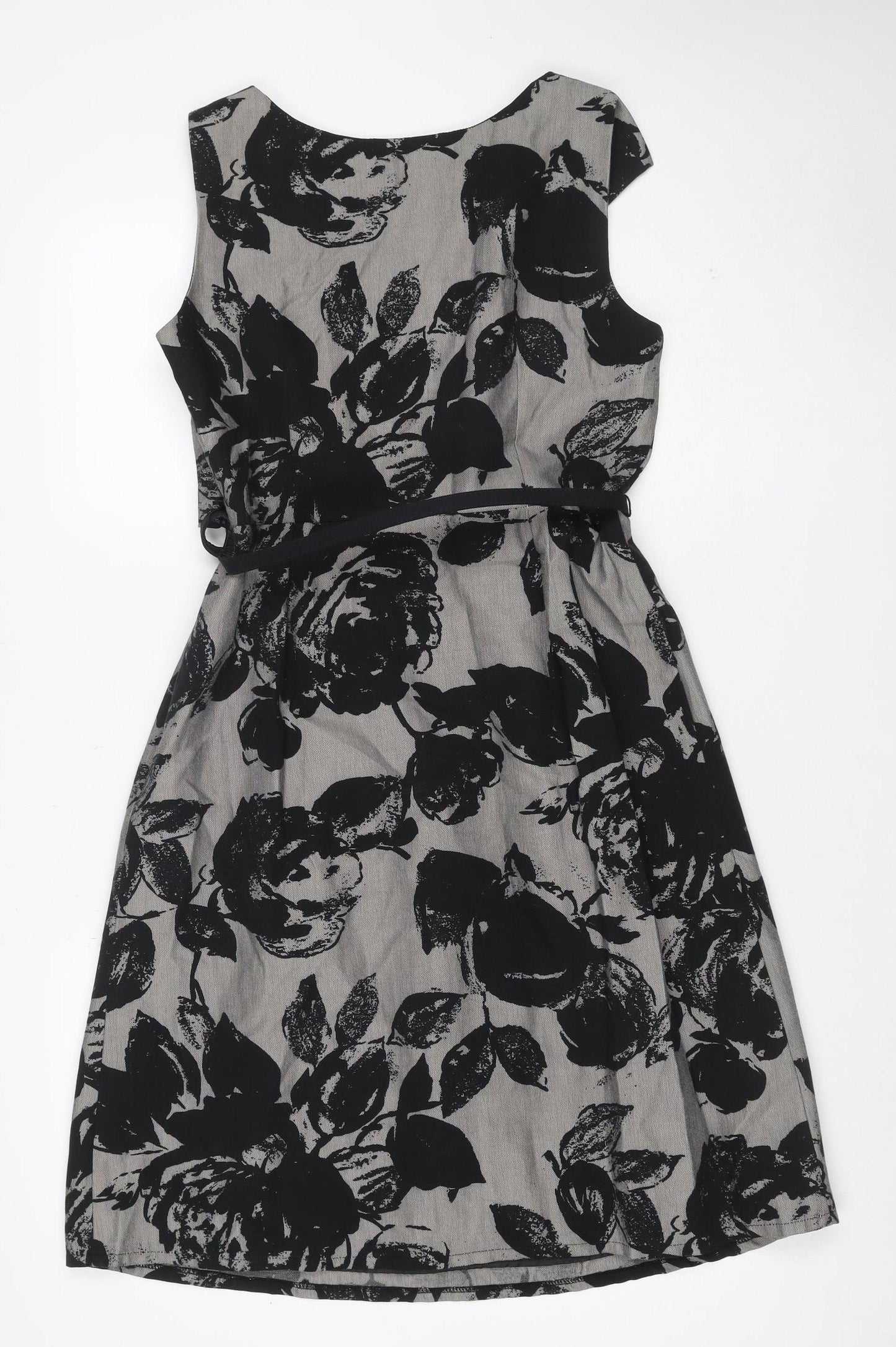 Per Una Women Grey Black Floral Lace-Up Knee Length Sheath Dress UK 12