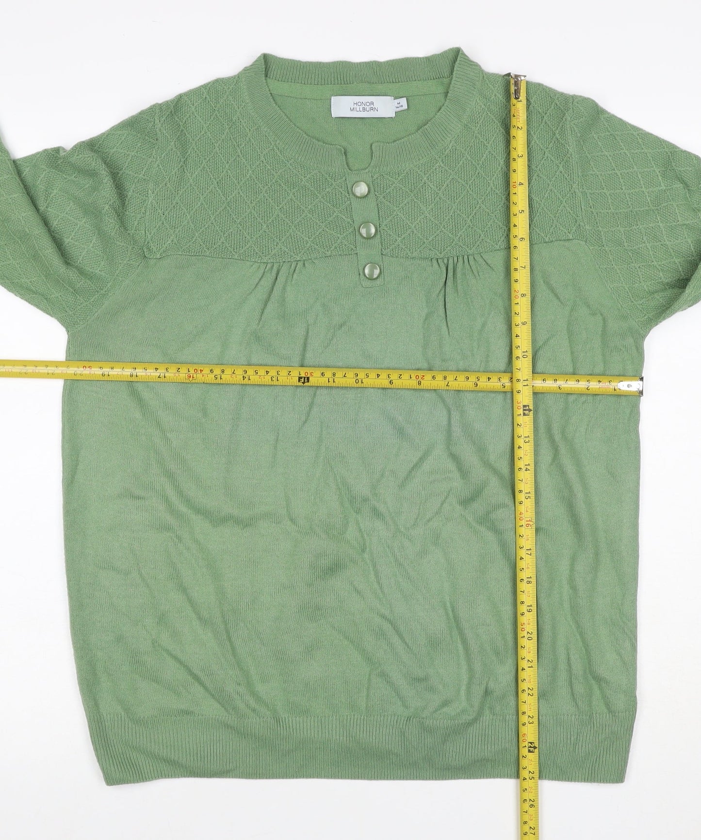 Honor Millburn Women's Green UK 14-16 Henley Diamond Knit Jumper