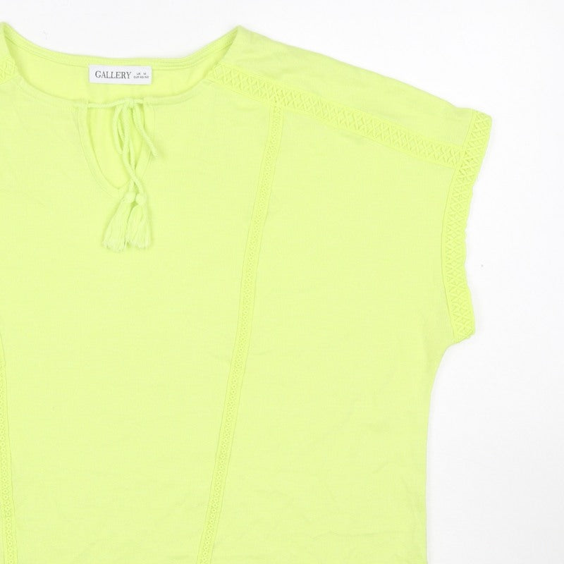 Gallery Women Yellow M Tie Neck Crochet Trim Cap Sleeve Blouse