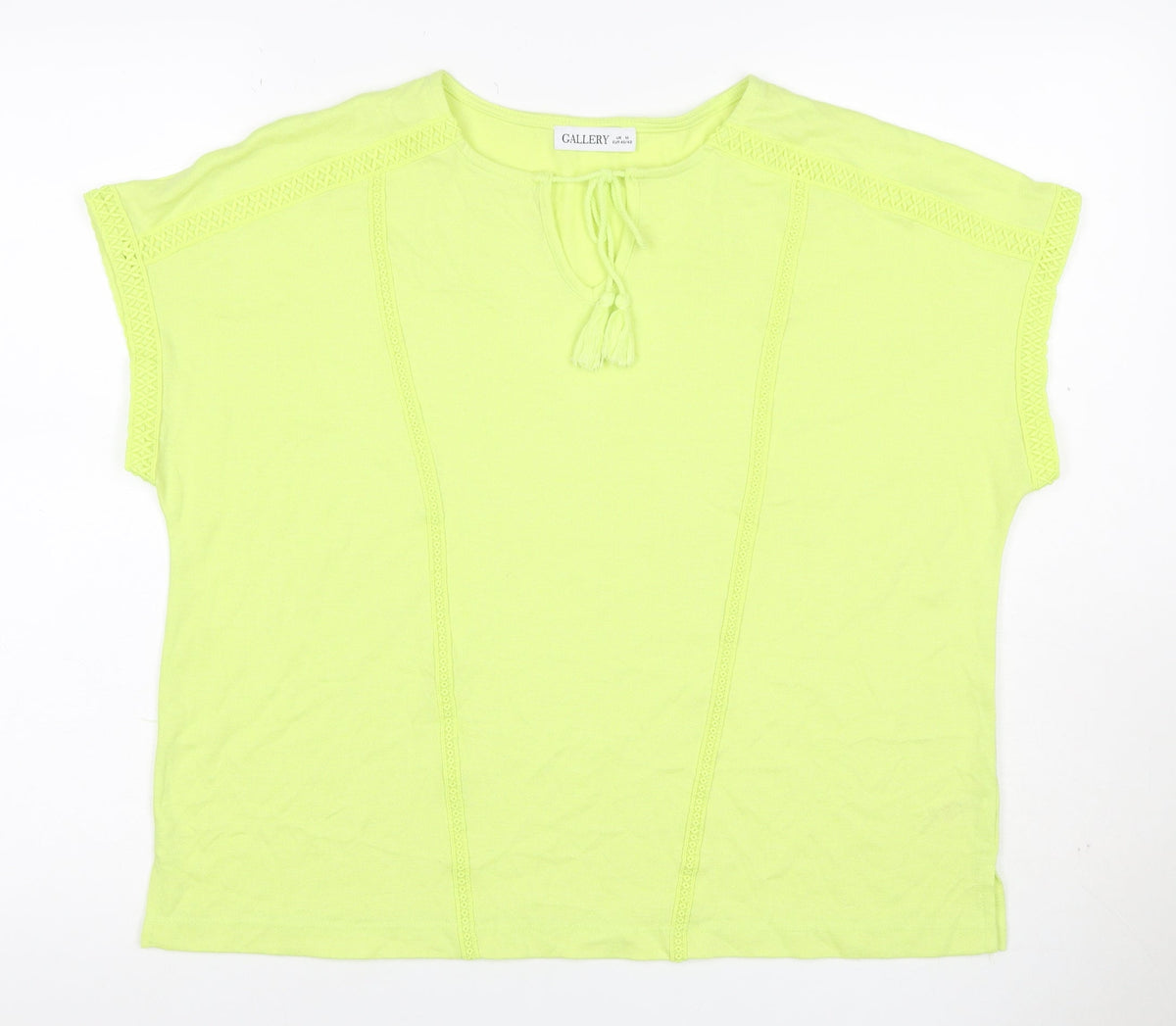 Gallery Women Yellow M Tie Neck Crochet Trim Cap Sleeve Blouse