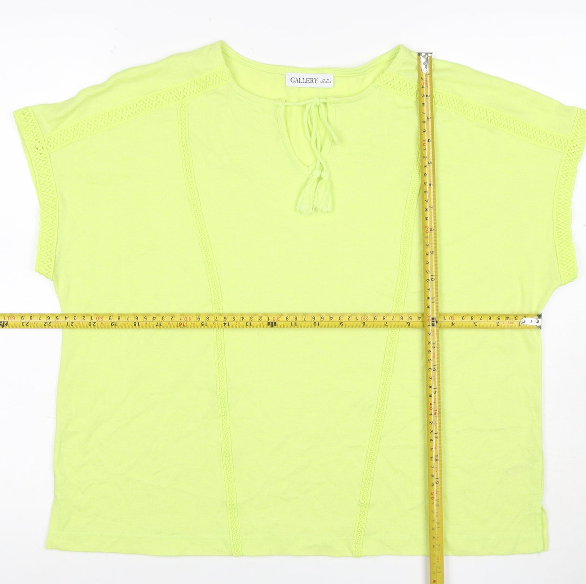 Gallery Women Yellow M Tie Neck Crochet Trim Cap Sleeve Blouse