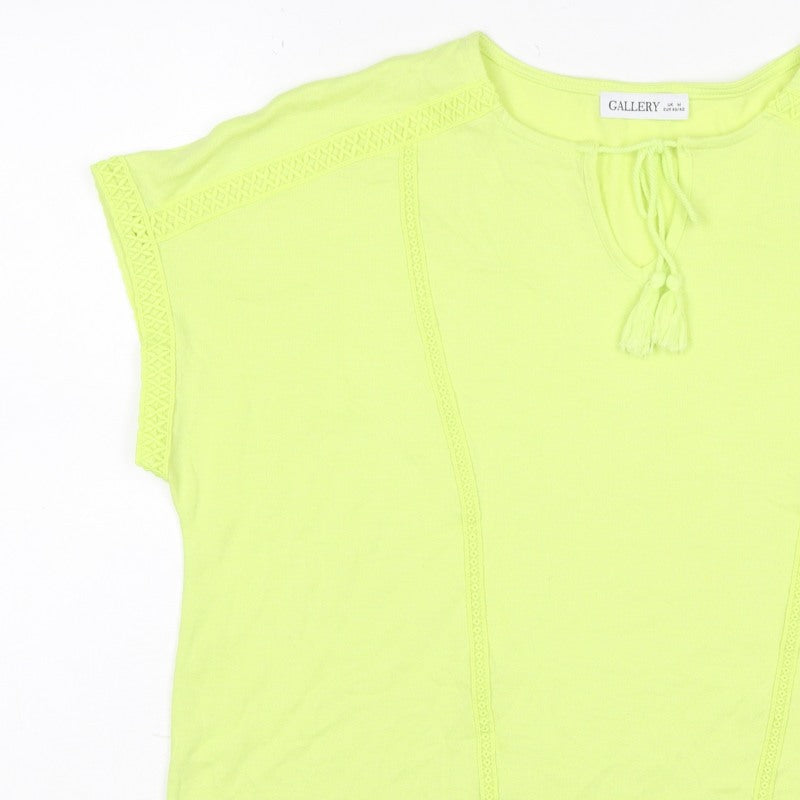 Gallery Women Yellow M Tie Neck Crochet Trim Cap Sleeve Blouse