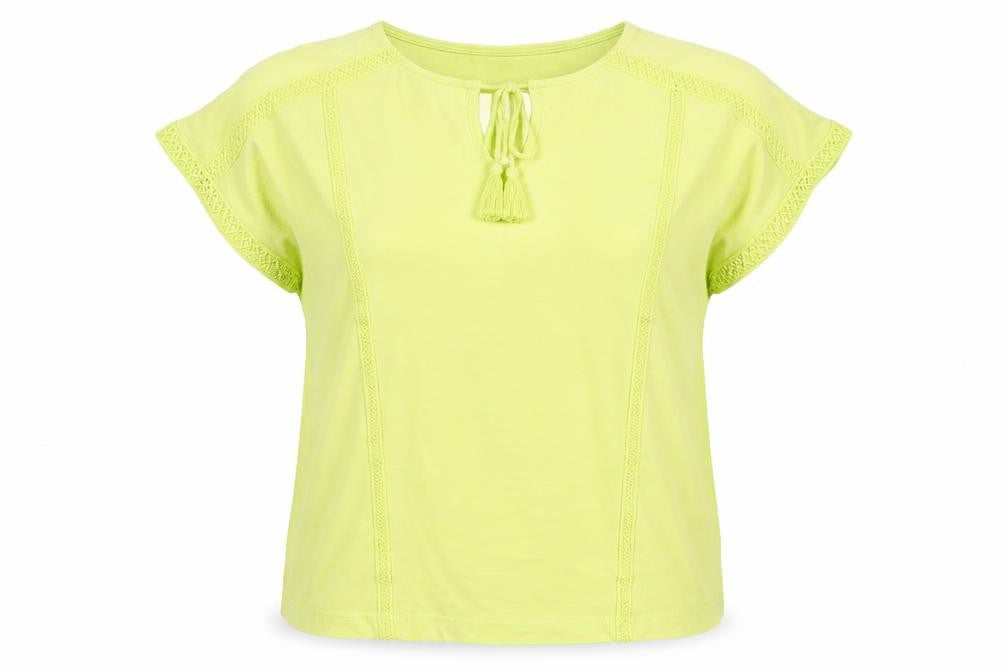 Gallery Women Yellow M Tie Neck Crochet Trim Cap Sleeve Blouse