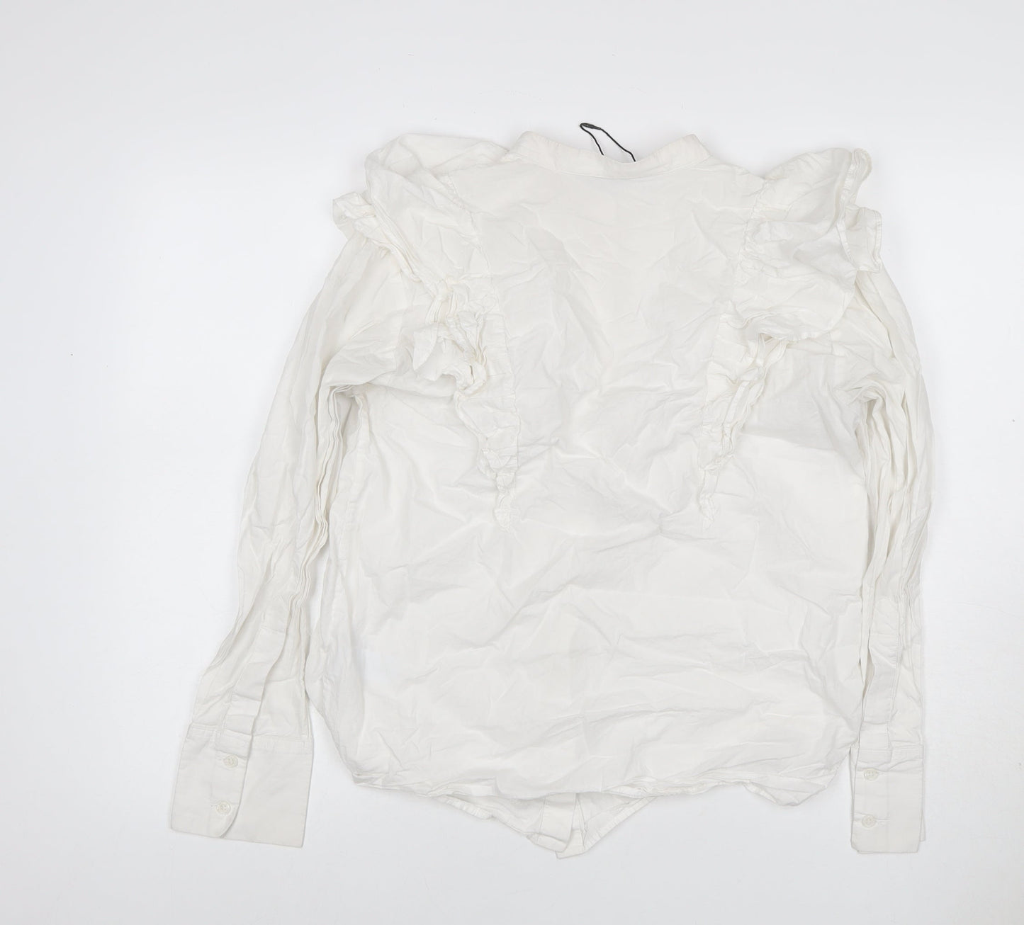 Zara Women White S Modal Ruffle Long Sleeve Button-Up Blouse
