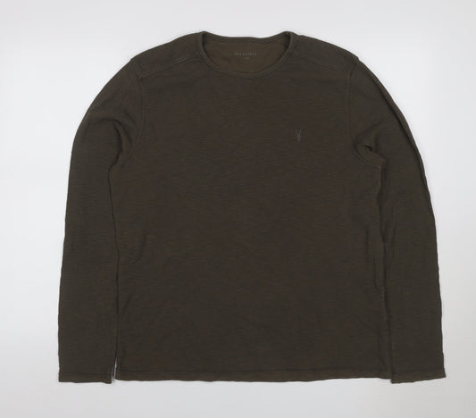 AllSaints Men's Green Large Waffle Knit Long Sleeve Crew Neck T-Shirt