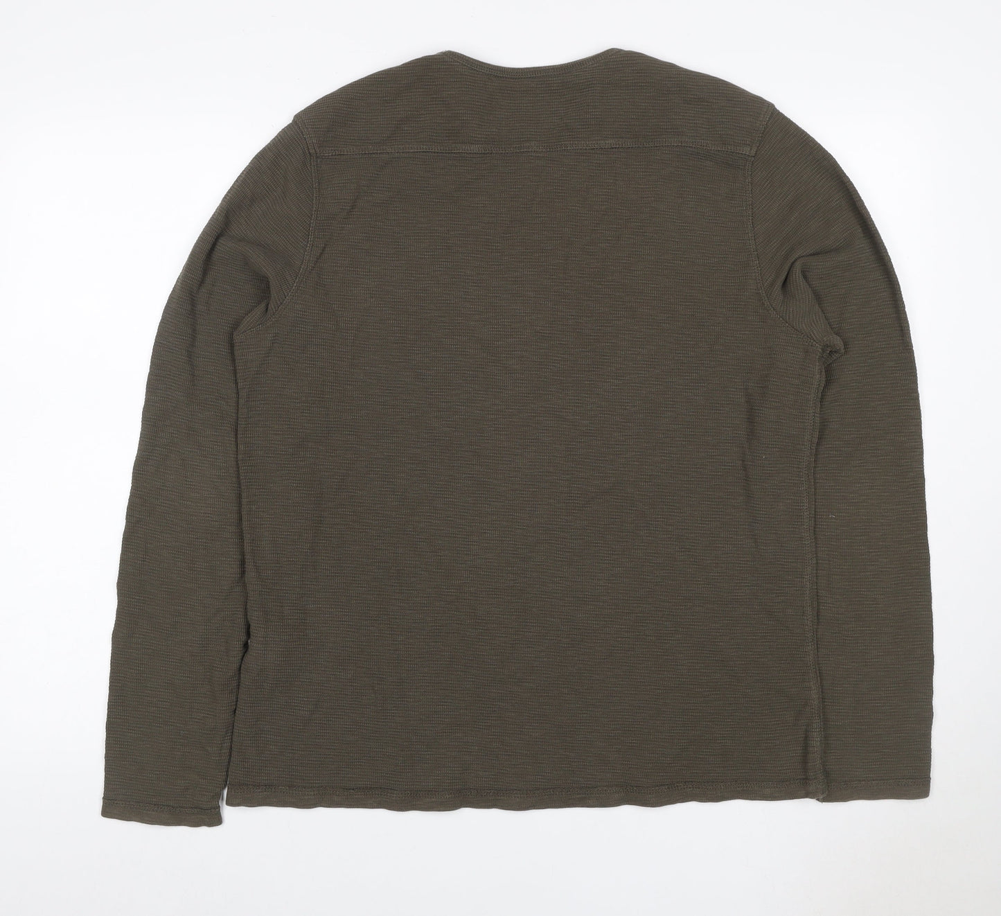 AllSaints Men's Green Large Waffle Knit Long Sleeve Crew Neck T-Shirt
