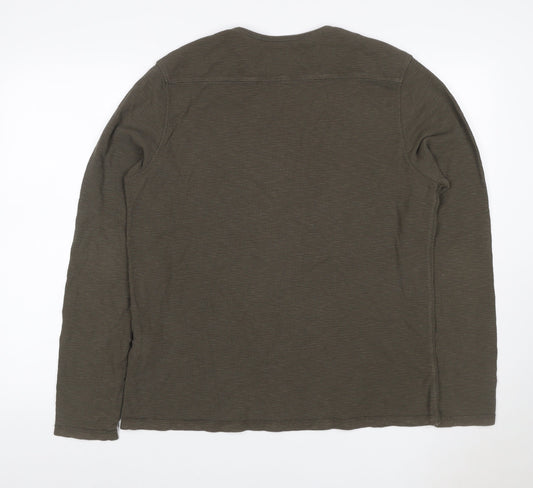 AllSaints Men's Green Large Waffle Knit Long Sleeve Crew Neck T-Shirt
