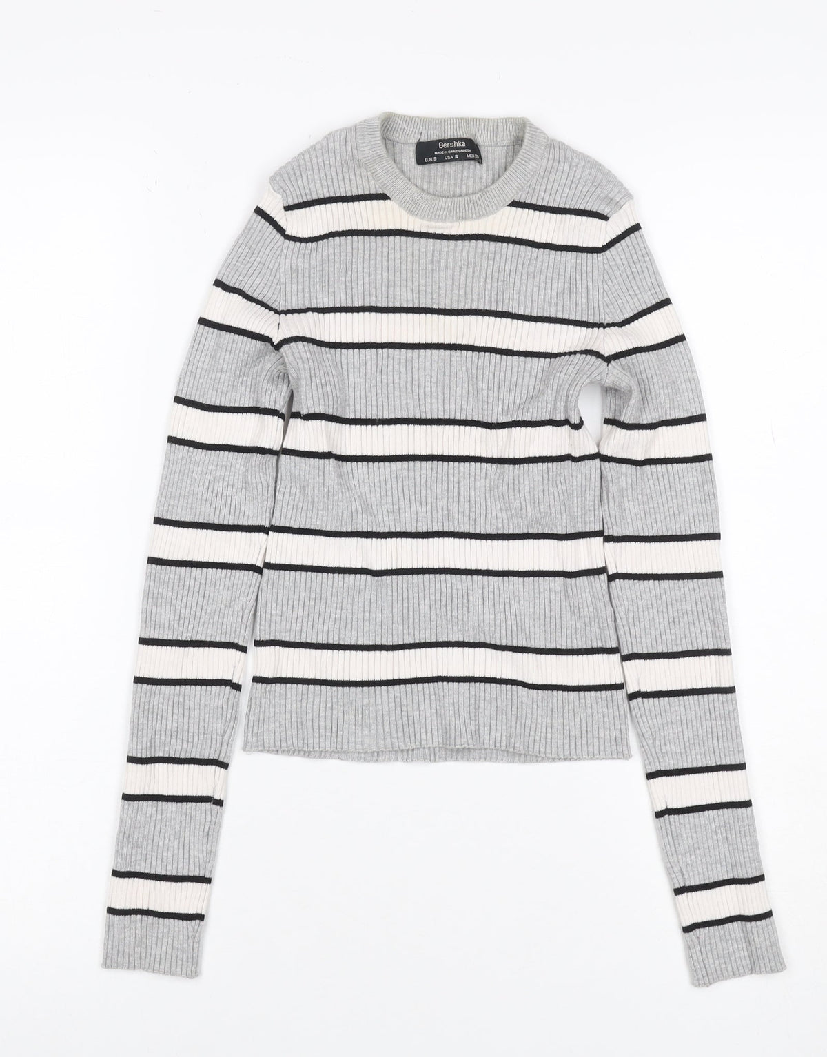 Bershka Women Grey Stripe Ribbed Knit Crew Neck Slim Jumper Size S